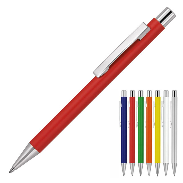 A red ballpoint pen with a matte finish and a silver clip, accompanied by a variety of other coloured pens.