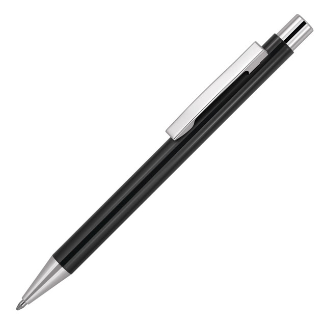 A shiny black ballpoint pen with silver accents and a clip, featuring a logo on the barrel.