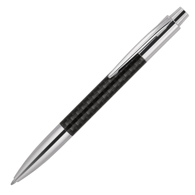 A ballpoint pen with a carbon fibre grip and silver accents, featuring a chrome clip and detail.