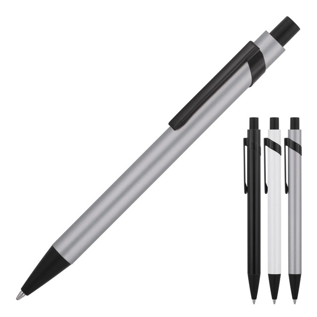 A metal ballpoint pen in silver with black accents, accompanied by two additional pens in black and white.