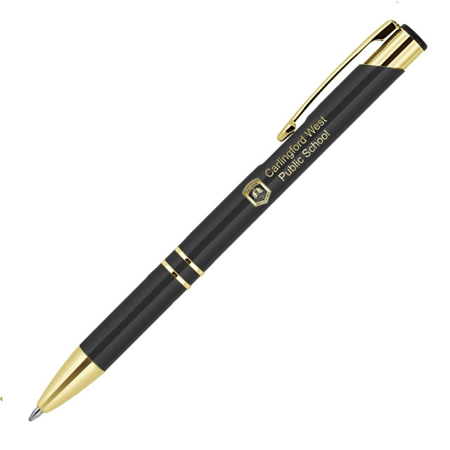 A black ballpoint pen with gold trim and a logo, featuring a sleek design and shiny finish.