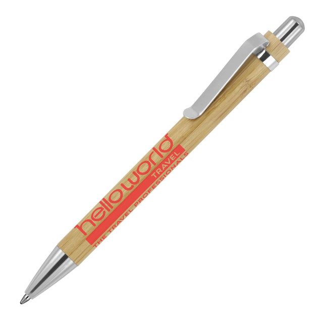 A bamboo ballpoint pen with a silver clip, featuring a logo and red text on the barrel.