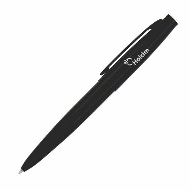 A black metal ballpoint pen with a clip and branding on the side.