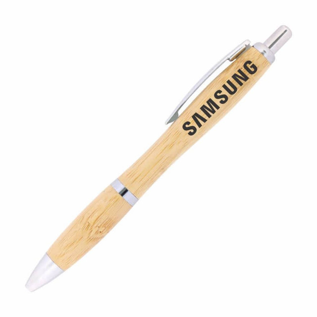 A bamboo ballpoint pen featuring a silver clip, with a logo along the barrel.