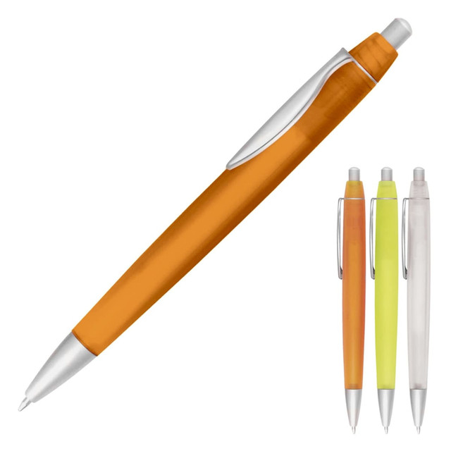 A ballpoint pen named "Freddie" in vibrant orange, alongside green and yellow options, with a silver accent and clip.