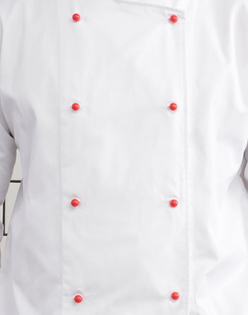 A white chef's jacket featuring red exchangeable buttons along the front. It has a simple, clean design.