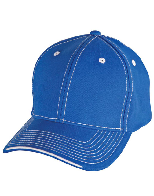 A blue cotton twill cap with contrast trim and a logo on the front. Features stitched detailing on the brim.