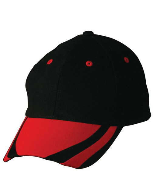 A black and red cap featuring contrasting design elements and a logo on the side. A black and red cap featuring contrasting design elements and a logo on the side.