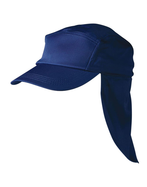 A navy poly cotton legionnaire hat with a long flap at the back and a front peak. It features a logo. A navy poly cotton legionnaire hat with a long flap at the back and a front peak. It features a logo.