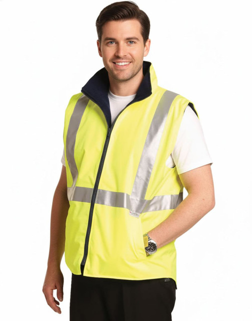 A hi-vis yellow reversible safety vest featuring hoop pattern 3M tapes, designed with a navy collar and a pocket.