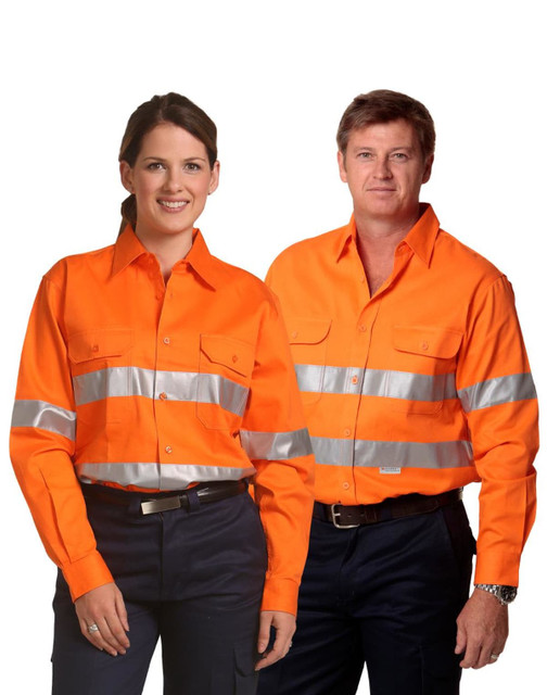 A pair of individuals wearing bright orange long-sleeve drill shirts featuring 3M reflective tapes. A pair of individuals wearing bright orange long-sleeve drill shirts featuring 3M reflective tapes.