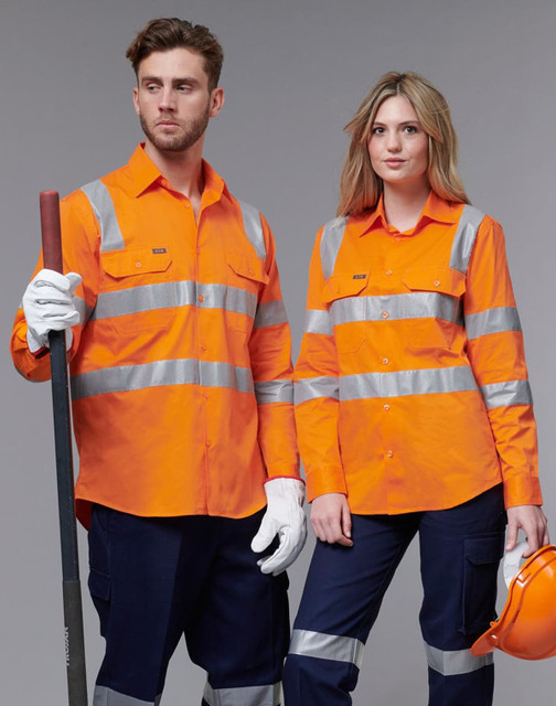 Two models wear orange safety shirts with silver reflective stripes, standing against a neutral background.