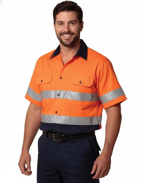 Hi-Vis short-sleeve safety shirt in orange with reflective strips, featuring a two-tone design and a logo.