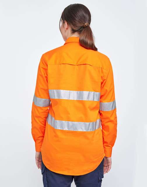 An orange long-sleeve work shirt featuring perforated reflective tape on the back, with a collar and button closure. An orange long-sleeve work shirt featuring perforated reflective tape on the back, with a collar and button closure.