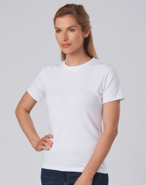 A white ladies' fitted stretch tee with a classic crew neckline, featuring a logo on the front.