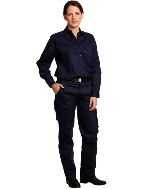 Ladies' heavy cotton pre-shrunk navy cargo pants with multi-functional pockets, styled with a matching shirt. Ladies' heavy cotton pre-shrunk navy cargo pants with multi-functional pockets, styled with a matching shirt.