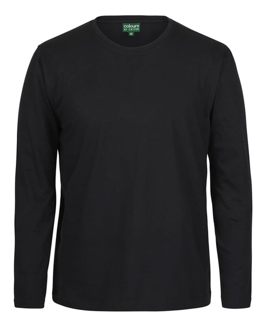 A black long-sleeve T-shirt with a round neck and a tag on the neckline, featuring a logo.