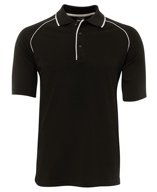 A black raglan polo shirt featuring short sleeves and a contrasting trim. It has a logo on the collar.