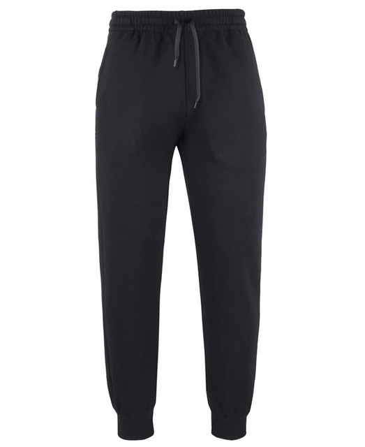 Black track pants with an elastic waistband and adjustable drawstring, featuring a tapered leg design.