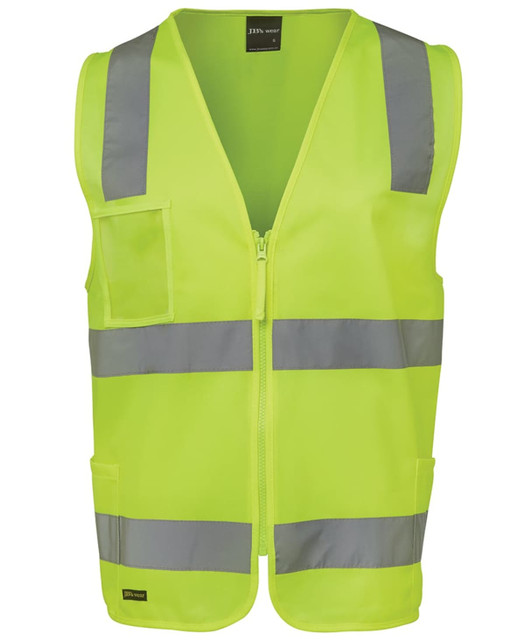 A high-visibility yellow zip safety vest with grey reflective stripes and pockets, featuring a logo. A high-visibility yellow zip safety vest with grey reflective stripes and pockets, featuring a logo.