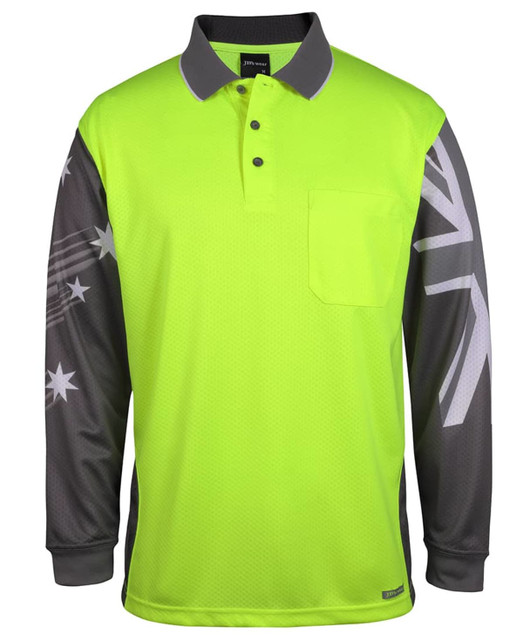 A long-sleeved polo shirt in bright yellow with grey sleeves featuring a design and a pocket. It has a logo.