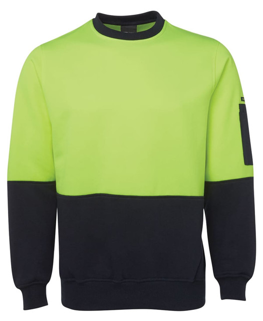 A high-vis fleece crew jumper in bright green and black, featuring a logo on the sleeve.