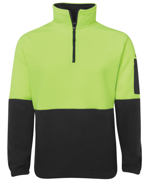A polar fleece pullover featuring a high-visibility lime green upper and black lower section, with a zip collar and logo.