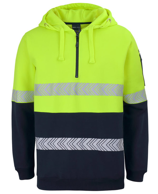 A high-visibility segmented tape hoodie in bright yellow and navy, featuring a half-zip and hood. It includes reflective strips and a logo.