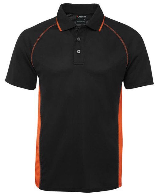 A black polo shirt with orange accents and a collar, featuring buttons and a logo on the label.