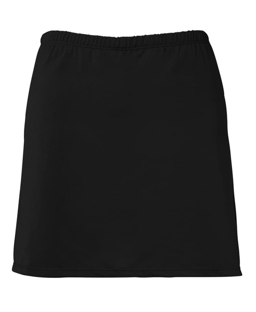 A black skort with an elastic waistband, featuring a simple design and a subtle branding logo.