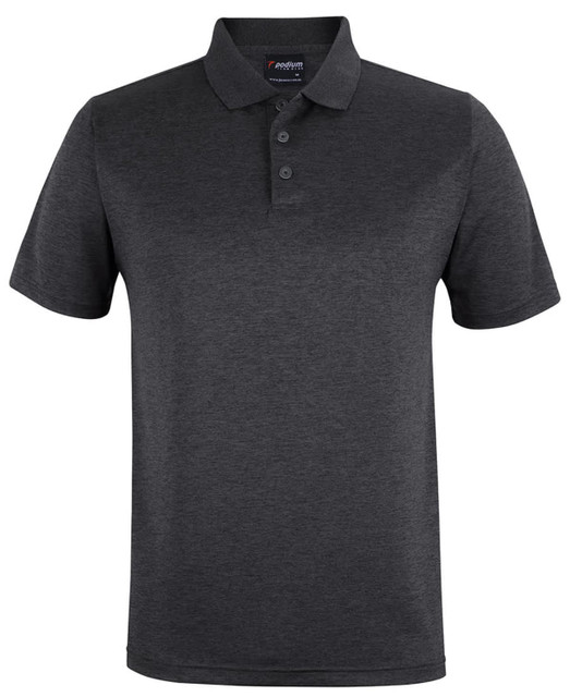 A black marle polo shirt with a collar and three buttons, featuring a logo on the label. A black marle polo shirt with a collar and three buttons, featuring a logo on the label.