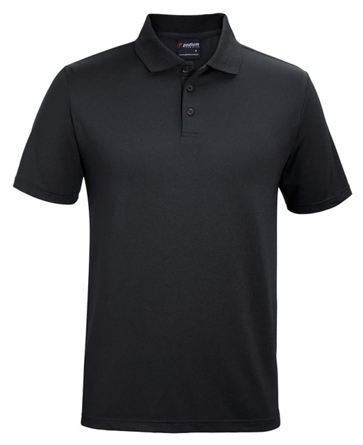 A black polo shirt featuring a classic collar and a three-button placket, with a logo on the chest. A black polo shirt featuring a classic collar and a three-button placket, with a logo on the chest.