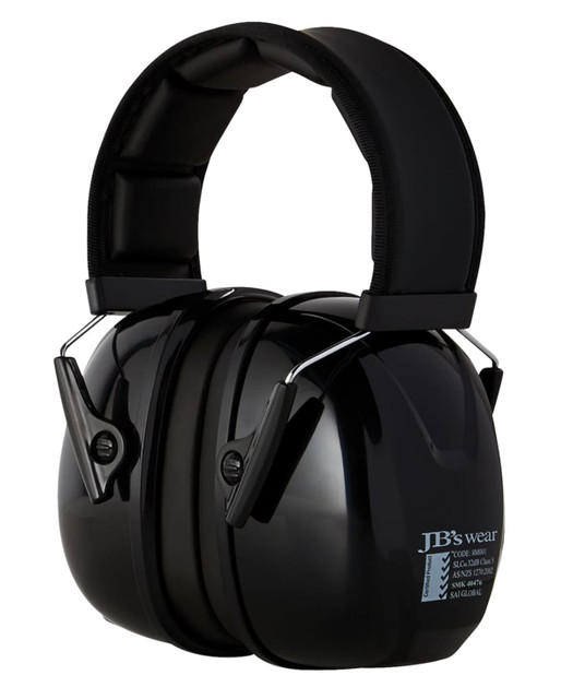 A pair of black ear muffs with a padded headband and adjustable features. Includes branding on the side. A pair of black ear muffs with a padded headband and adjustable features. Includes branding on the side.