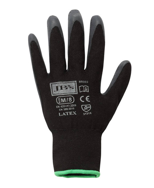 A pair of black latex gloves with a green cuff, featuring a logo and safety markings. A pair of black latex gloves with a green cuff, featuring a logo and safety markings.