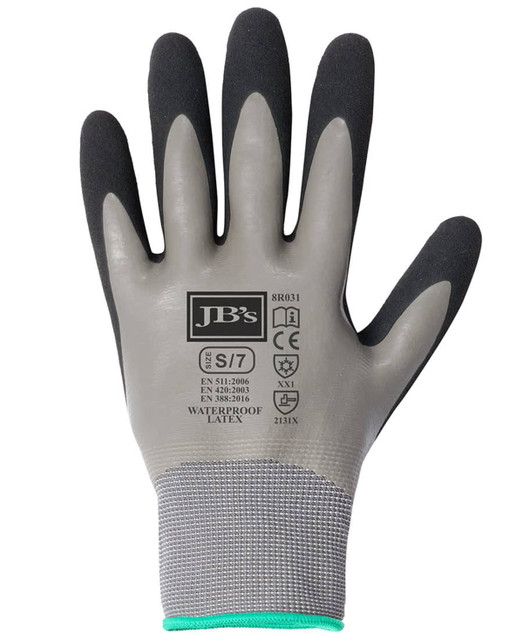 A waterproof glove featuring a grey body, black latex coating, and textured fingertips, with a logo on the palm. A waterproof glove featuring a grey body, black latex coating, and textured fingertips, with a logo on the palm.