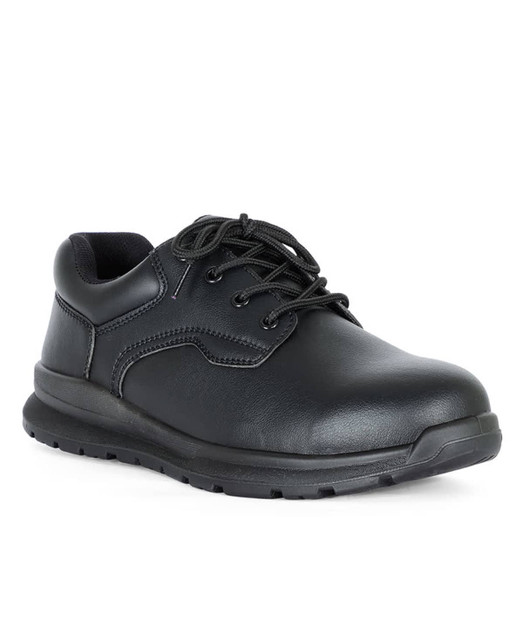 A black lace-up steeltoe shoe designed for workwear, featuring a sturdy sole and a sleek finish. A black lace-up steeltoe shoe designed for workwear, featuring a sturdy sole and a sleek finish.
