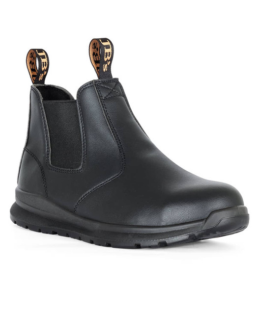 A black safety boot with elastic sides, featuring a logo tag, designed for durability and comfort. A black safety boot with elastic sides, featuring a logo tag, designed for durability and comfort.