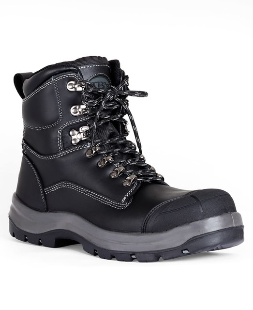 A black lace-up safety boot featuring a steel toe, rugged sole, and branding on the side. A black lace-up safety boot featuring a steel toe, rugged sole, and branding on the side.