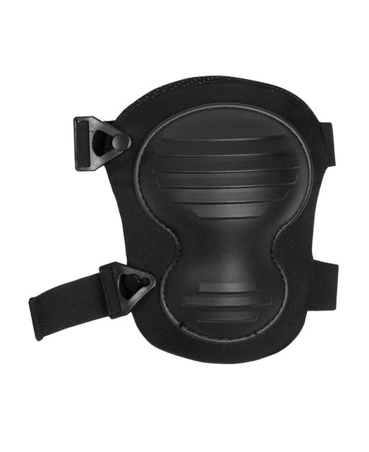 A black knee pad with adjustable straps and a textured protective surface. It features a logo on the design.