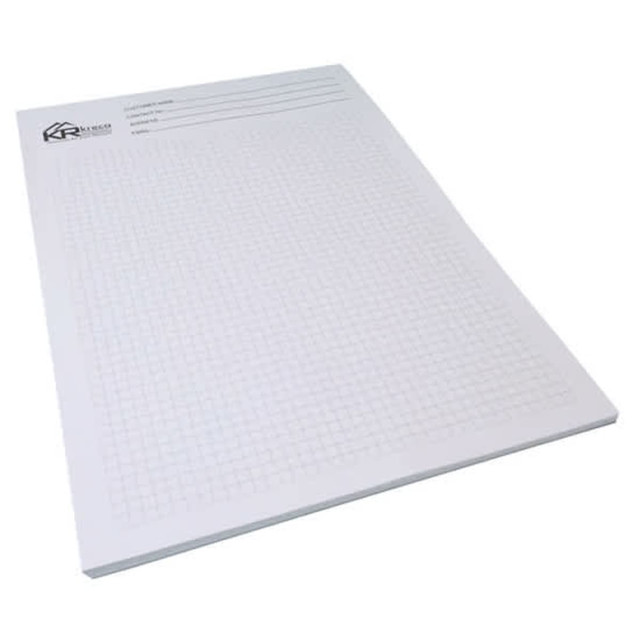 A4 writing pad with 10 leaves and a grid pattern, featuring a logo in the top corner.