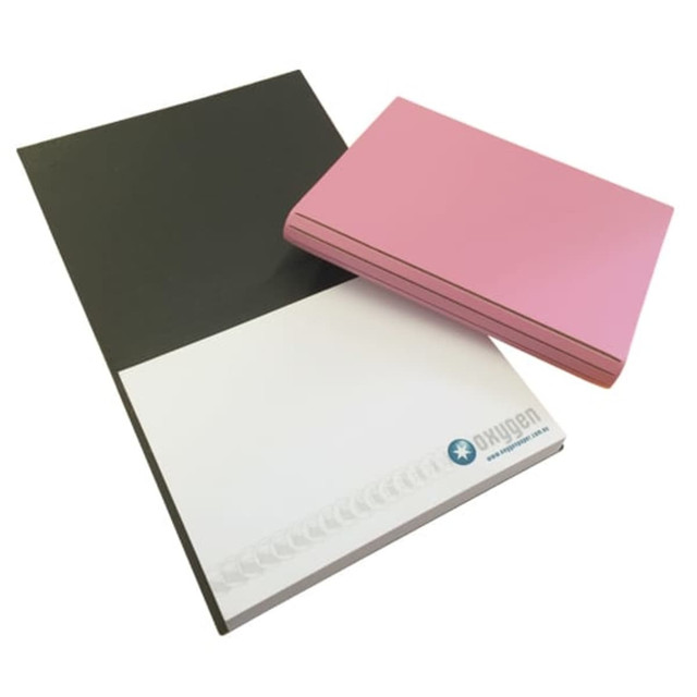 Recycled leather combination notepad featuring a pink cover and a white pad, with a logo on the bottom.