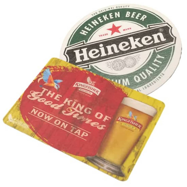 Two double-sided coasters featuring colourful designs, one for Heineken and the other for Kingfisher beer.