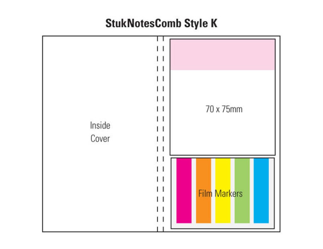 A combination pad featuring a laminated four-colour cover with compartments for sticky notes and film markers in vibrant colours.