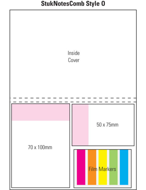 A combination pad featuring a laminated multicolour cover, with sections for notes and film markers in various colours.