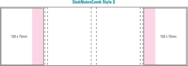 A layout design for a product with four pink combo pads, each measuring 100 x 75mm, featuring dashed lines for folding.
