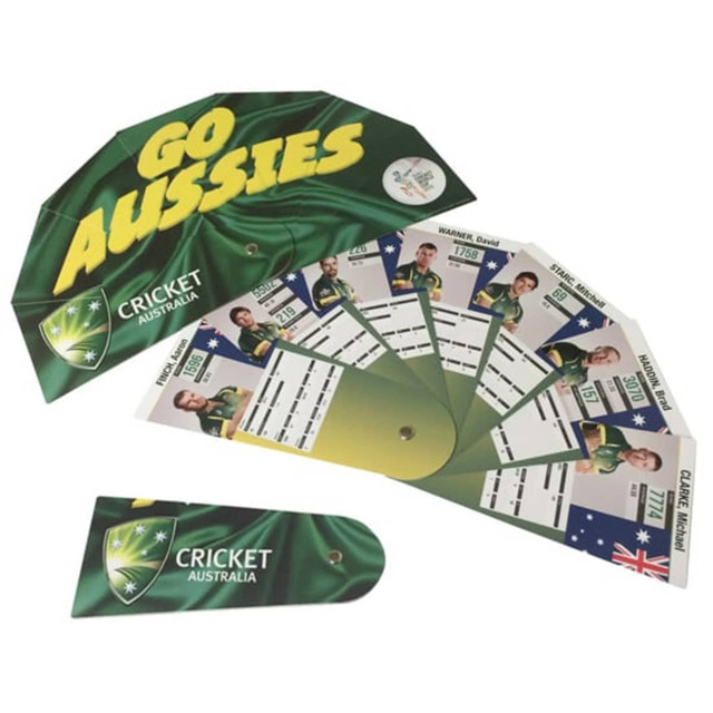 A green and gold brochure fan featuring player images and a logo, promoting a cricket event.