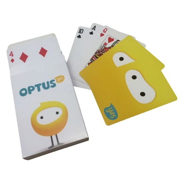 Standard poker size playing cards featuring colourful designs, with a branded box and several face-up cards displayed. Standard poker size playing cards featuring colourful designs, with a branded box and several face-up cards displayed.