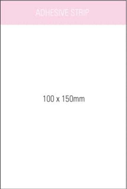 A white notepad with adhesive strip, measuring 100 x 150mm, featuring a logo at the top.