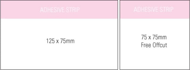 A white notepad with a pink header, featuring dimensions of 125x75mm and a free offcut size of 75x75mm.