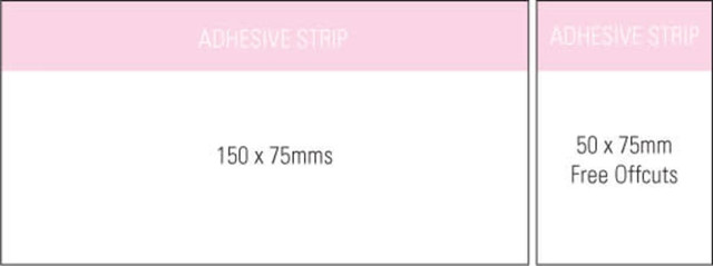 A notepad featuring a white design with a pink adhesive strip, measuring 150x75 mm. Includes free offcuts.